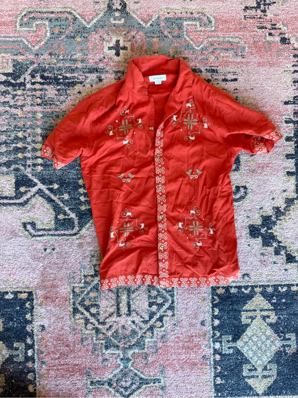 Cotton On Burnt Orange Jacquard Embroidered Short Sleeve Button-Down Shirt